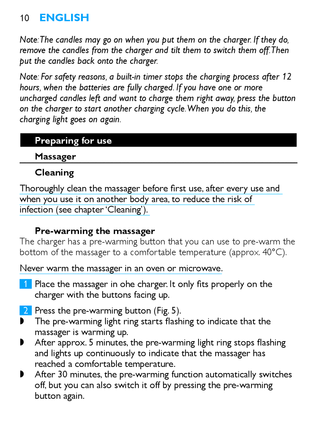 Philips HF8430 manual Preparing for use, Massager Cleaning, Pre-warming the massager 