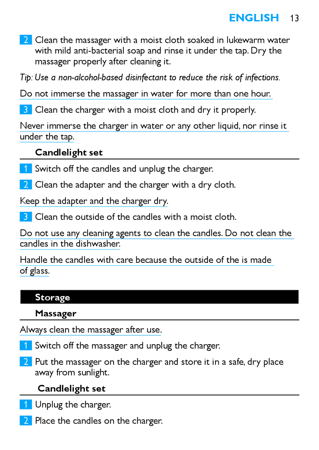 Philips HF8430 manual Storage, Unplug the charger Place the candles on the charger 