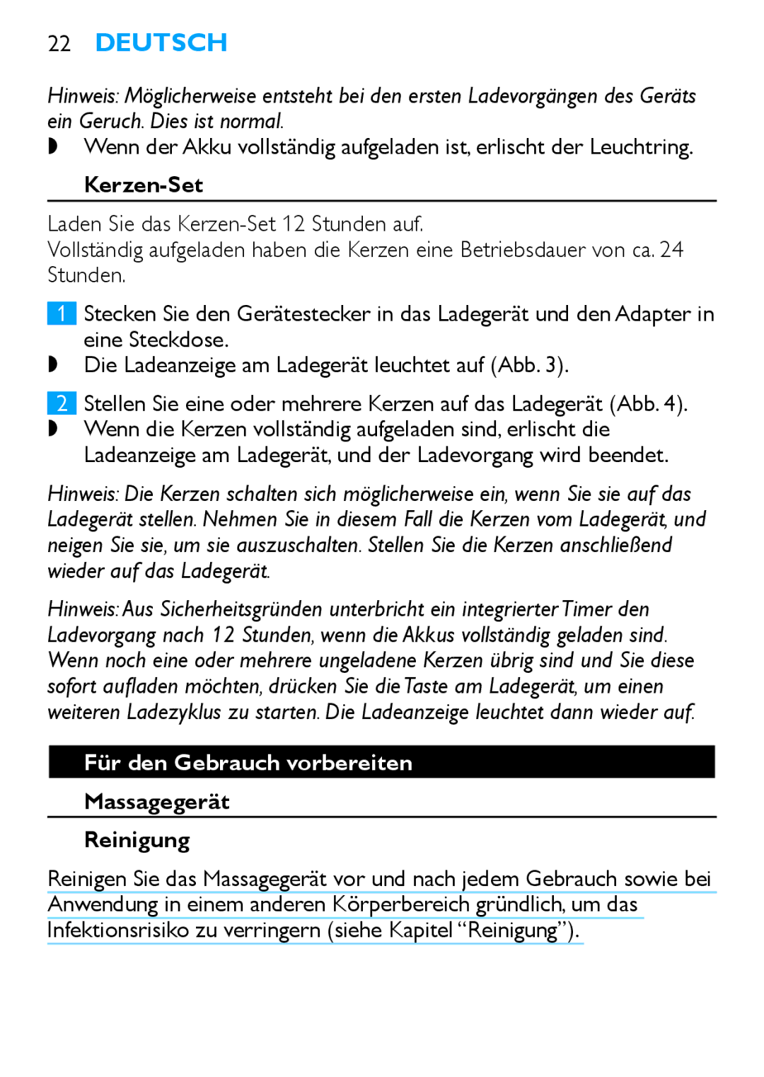 Philips HF8430 manual Laden Sie das Kerzen-Set 12 Stunden auf, Für den Gebrauch vorbereiten, Massagegerät Reinigung 