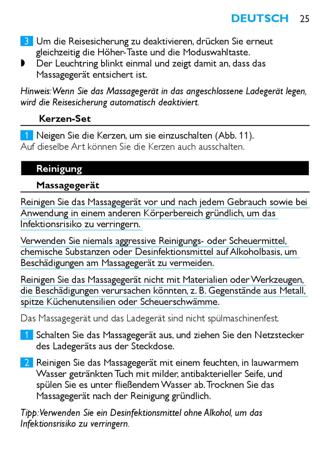 Philips HF8430 manual Massagegerät nach der Reinigung gründlich 