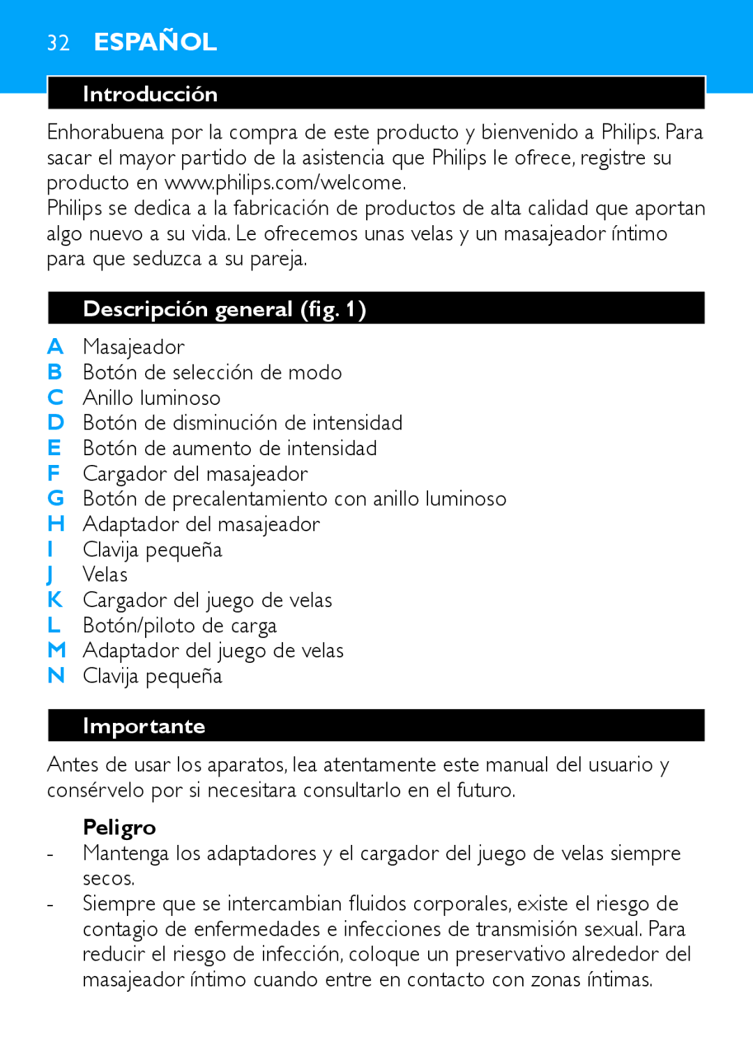 Philips HF8430 manual Introducción, Descripción general fig, Importante, Peligro 