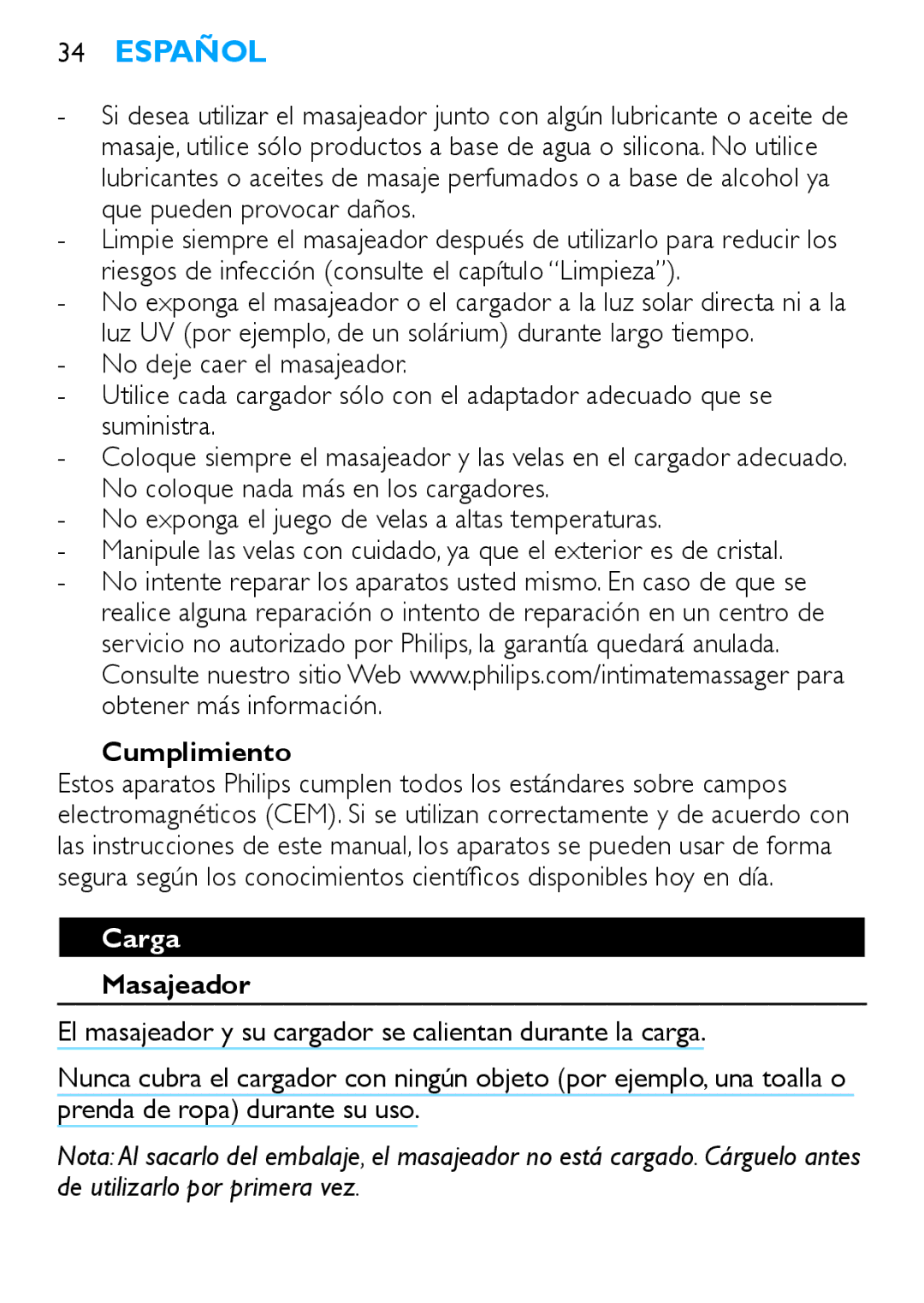 Philips HF8430 manual Cumplimiento, Carga, Masajeador 