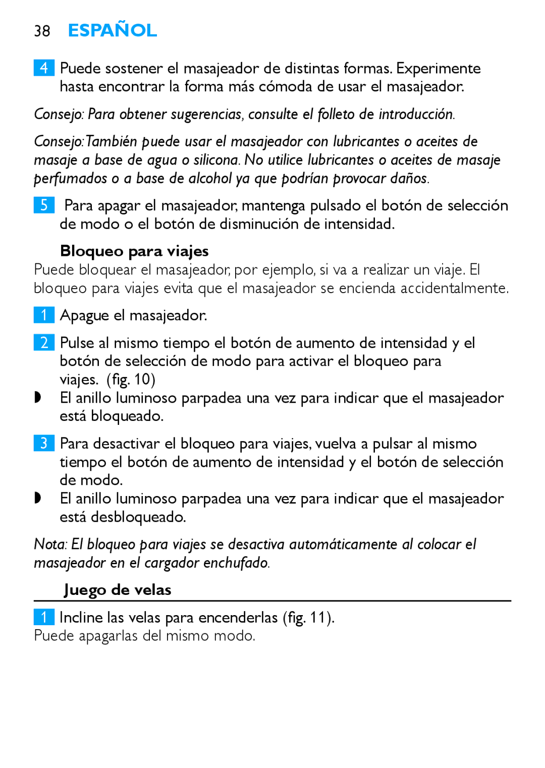 Philips HF8430 manual Bloqueo para viajes, Juego de velas 