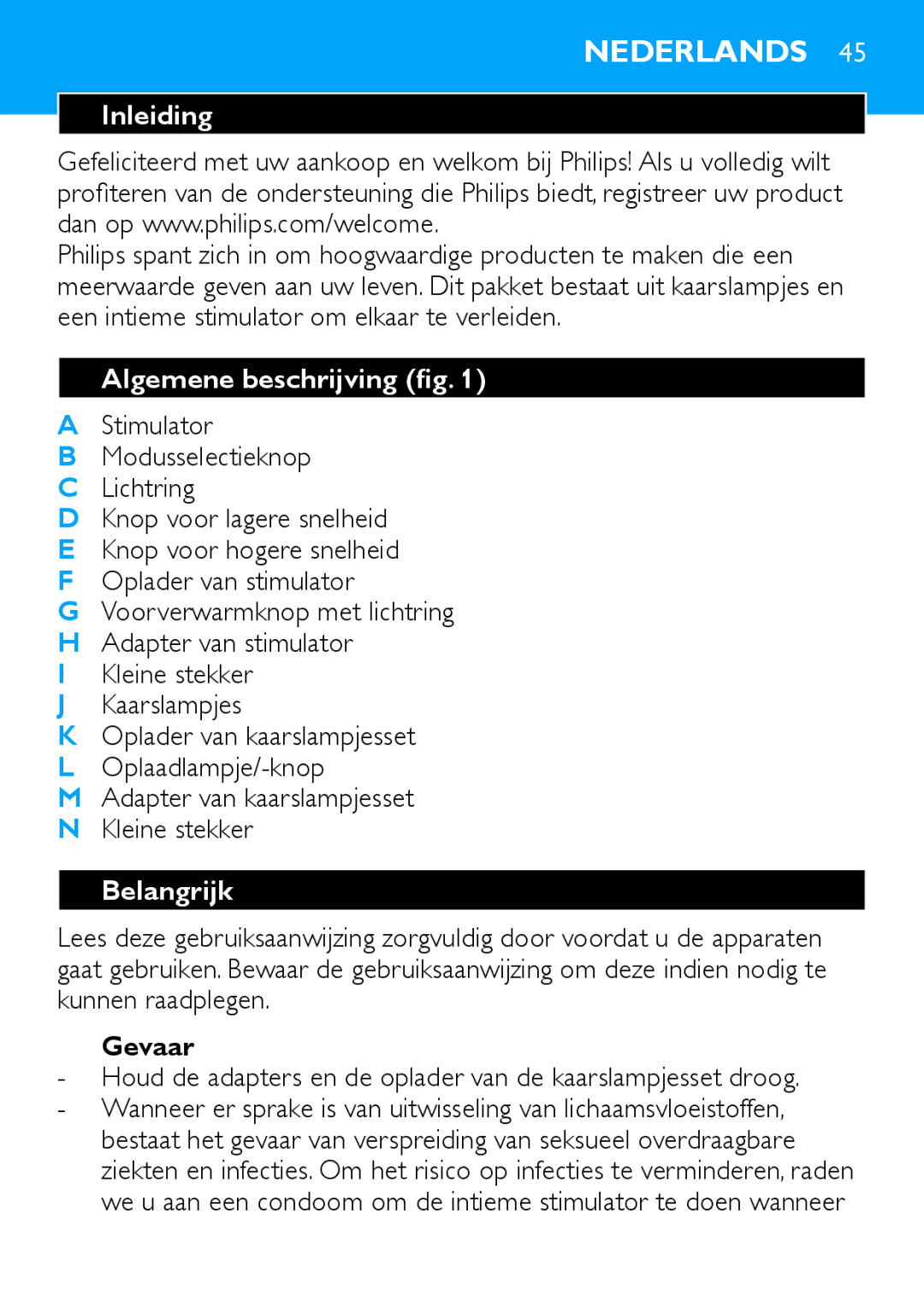 Philips HF8430 manual Inleiding, Algemene beschrijving fig, Belangrijk, Gevaar 