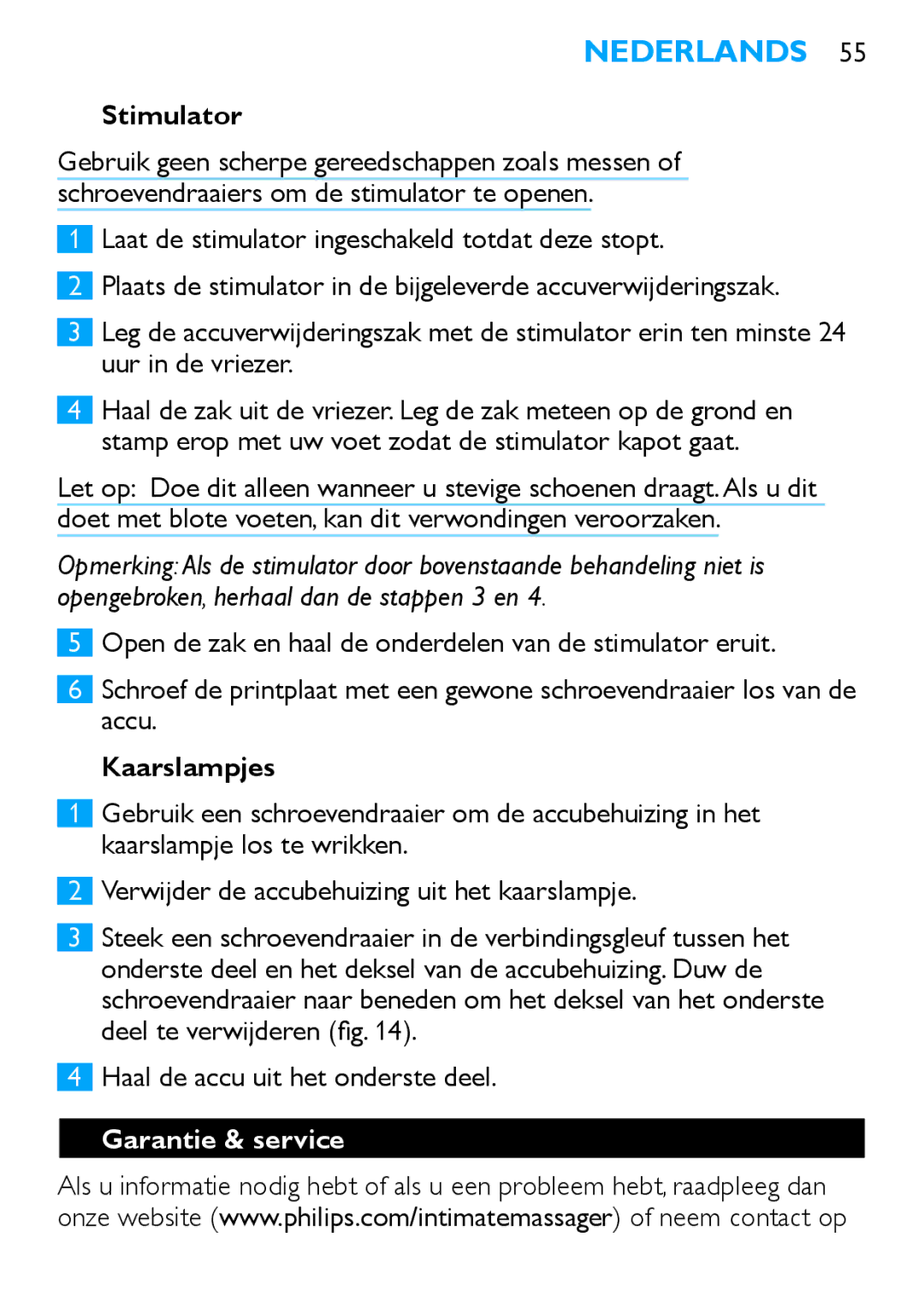 Philips HF8430 manual Kaarslampjes, Haal de accu uit het onderste deel, Garantie & service 