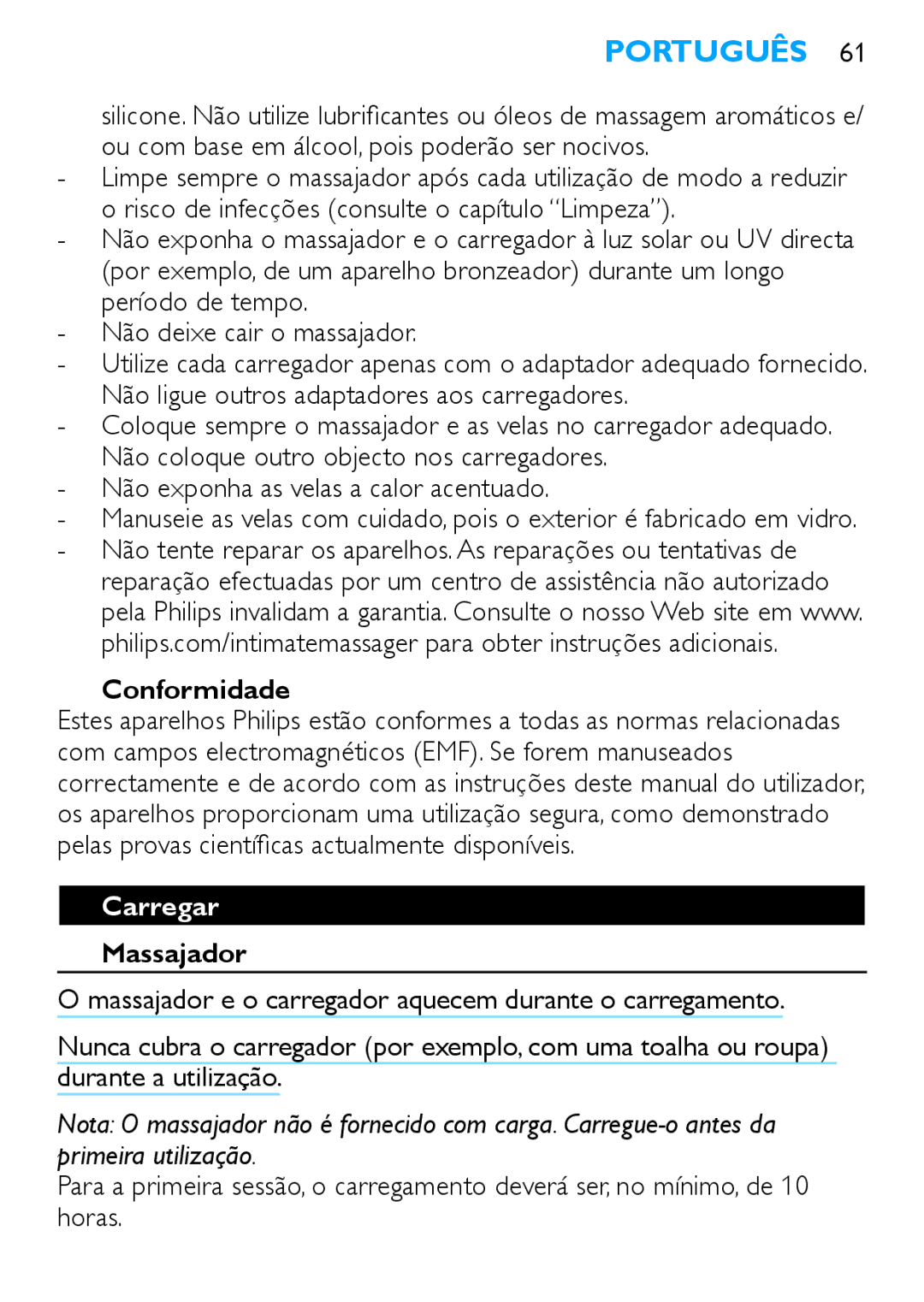 Philips HF8430 manual Conformidade, Carregar, Massajador 