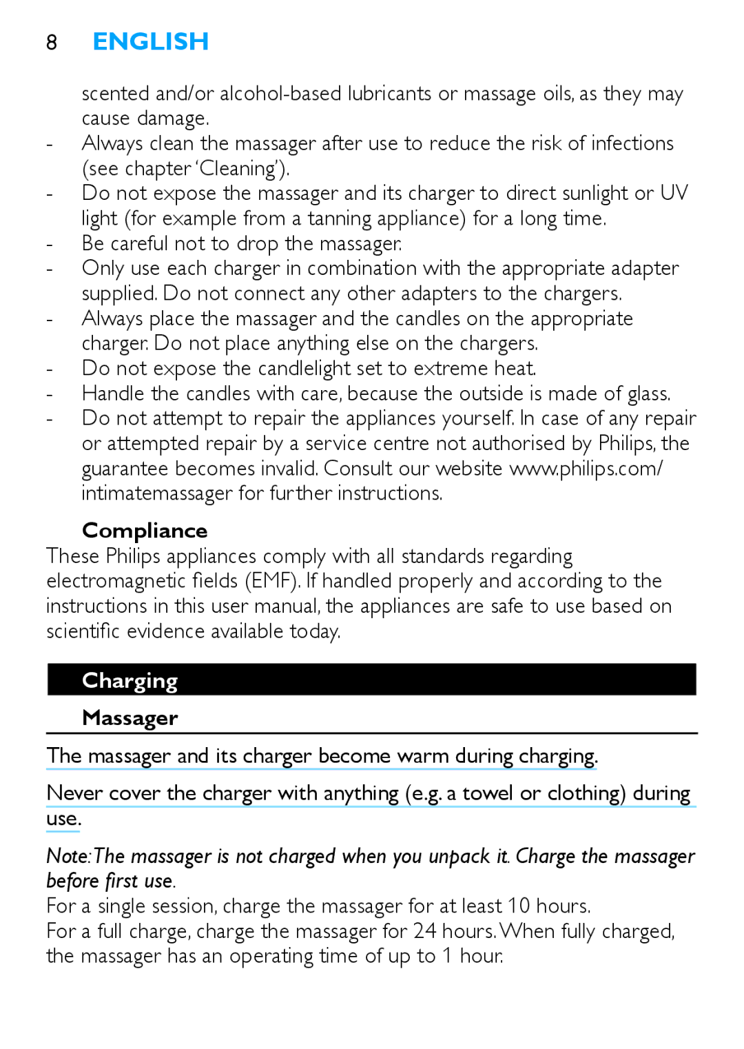 Philips HF8430 manual Compliance, Charging, Massager 