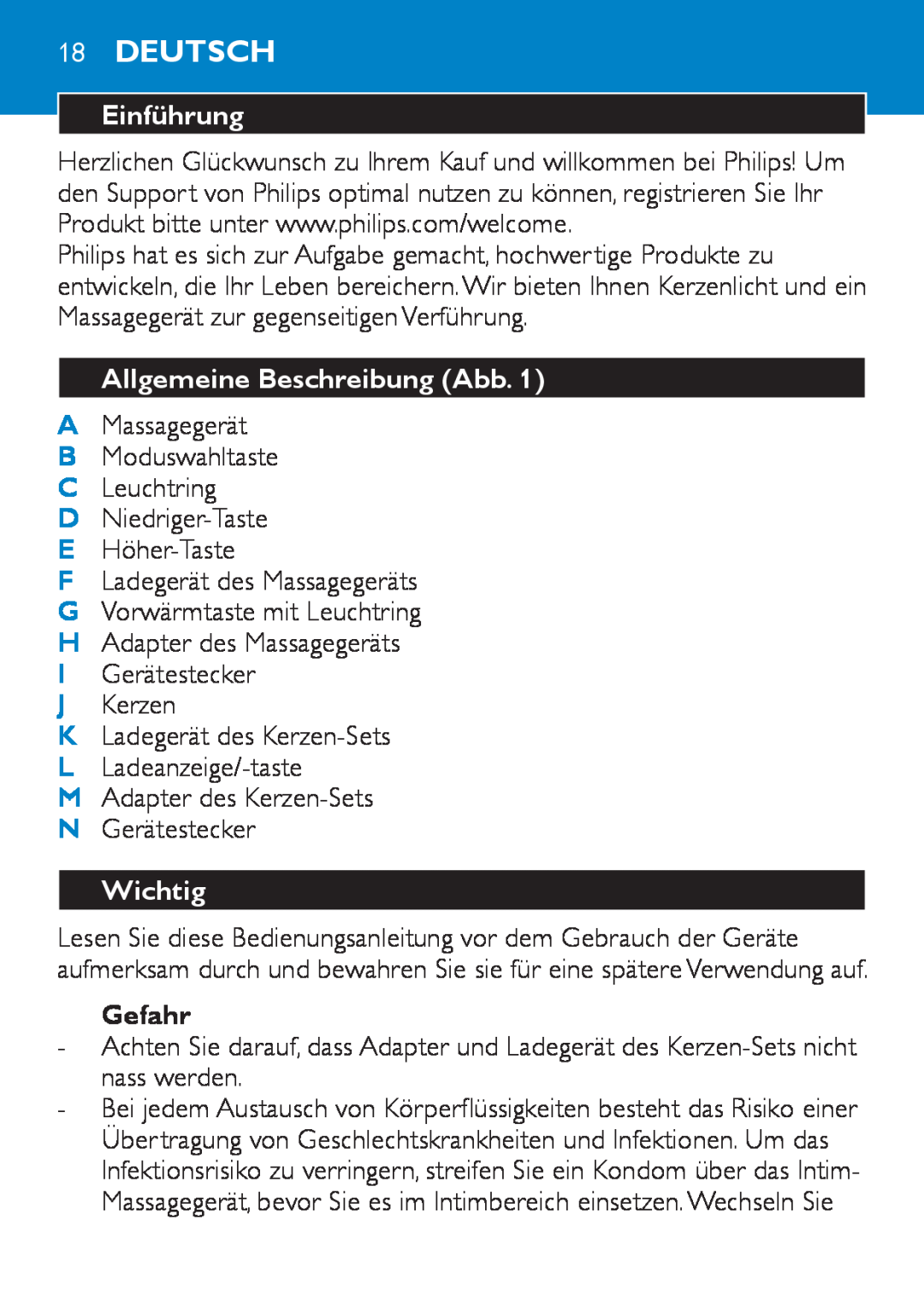 Philips HF8430 manual 18Deutsch, Einführung, Allgemeine Beschreibung Abb, Wichtig, Gefahr 