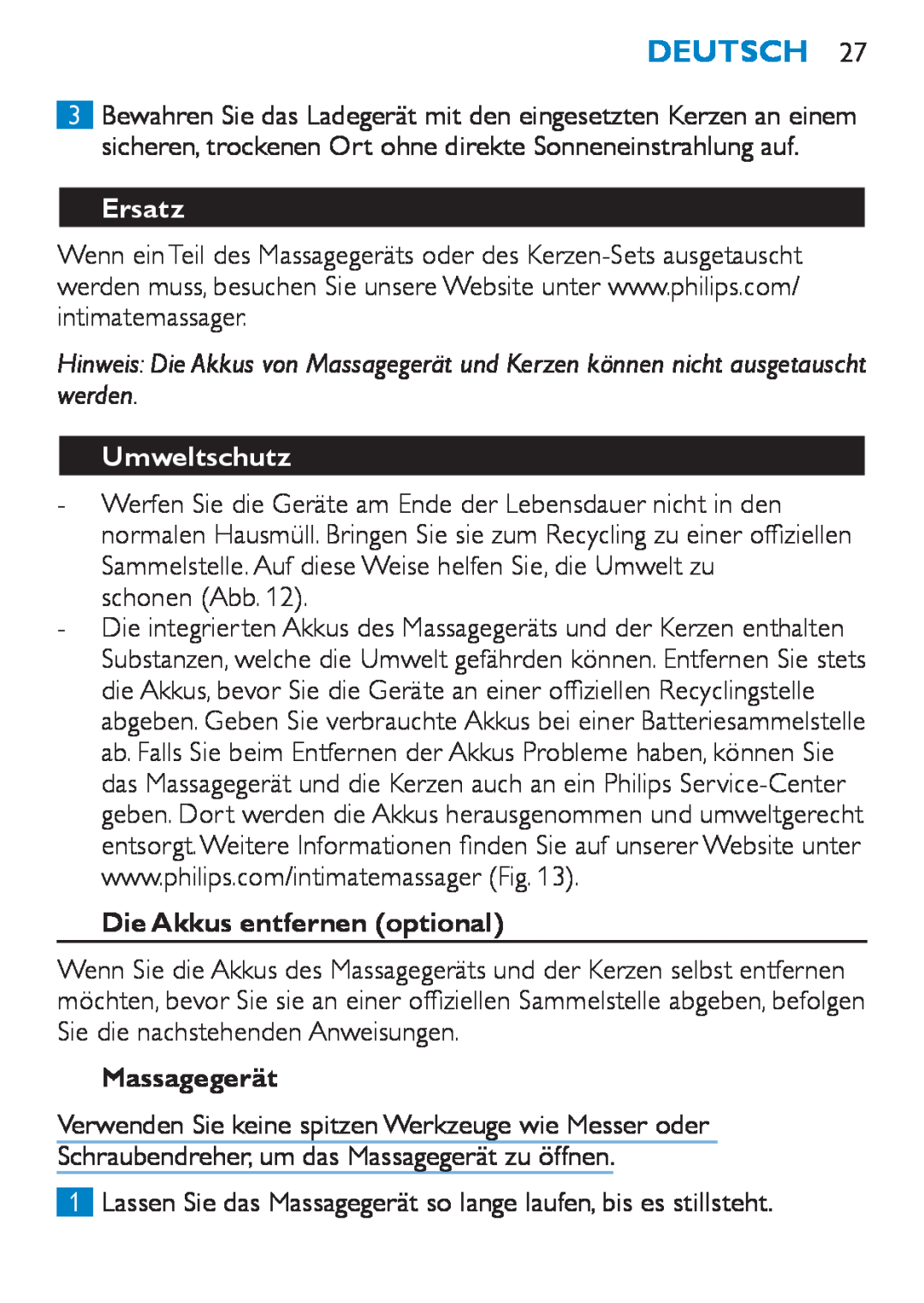 Philips HF8430 manual Ersatz, Umweltschutz, Die Akkus entfernen optional, Deutsch, Massagegerät 