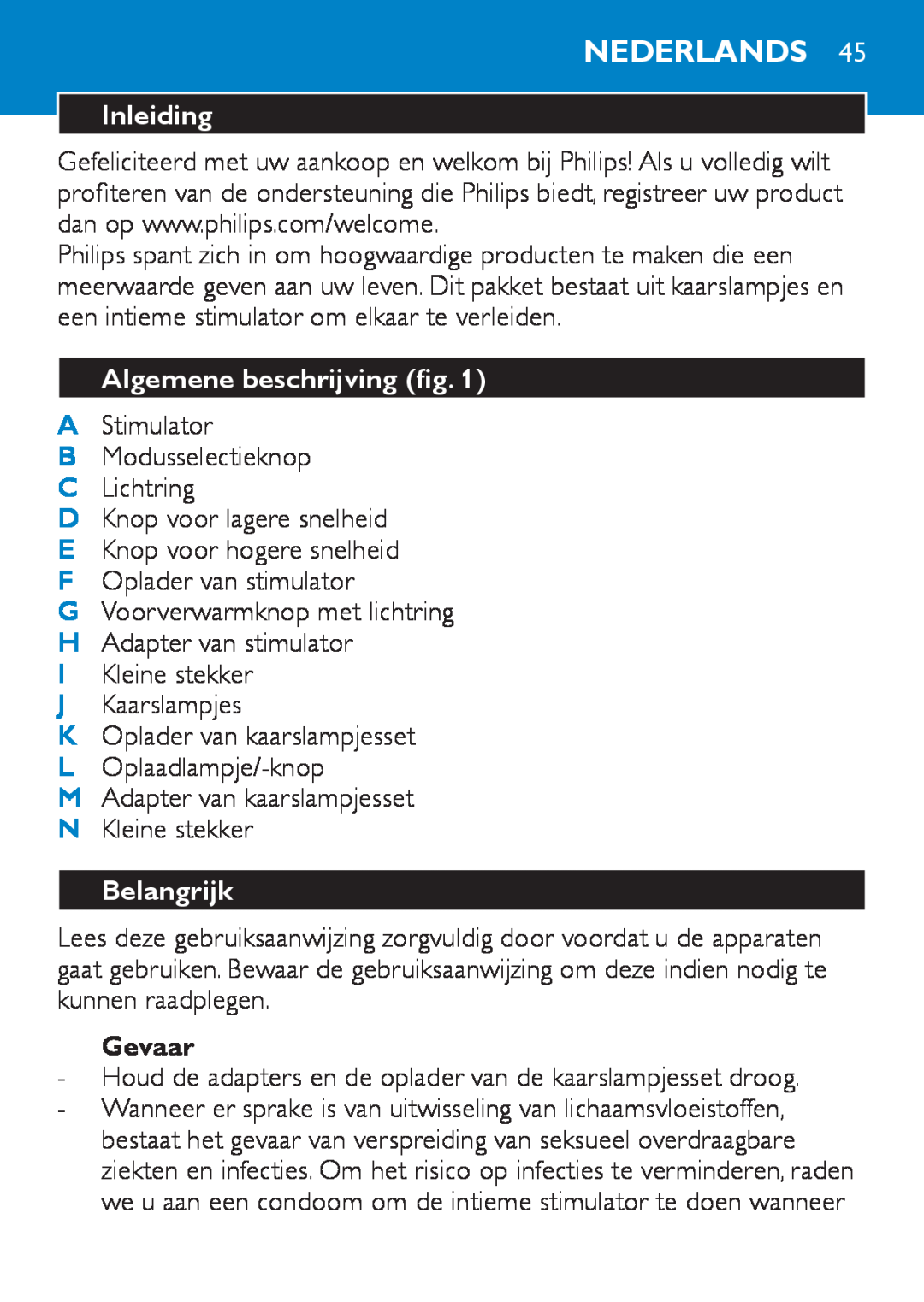 Philips HF8430 manual Nederlands, Inleiding, Algemene beschrijving fig, Belangrijk, Gevaar 