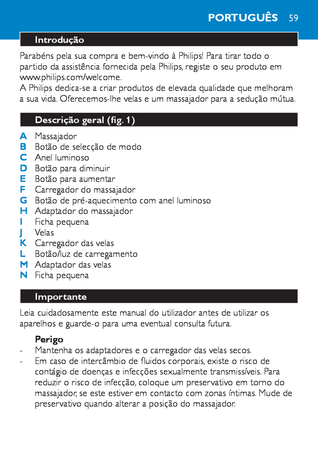 Philips HF8430 manual Português, Introdução, Descrição geral fig, Perigo, Importante 