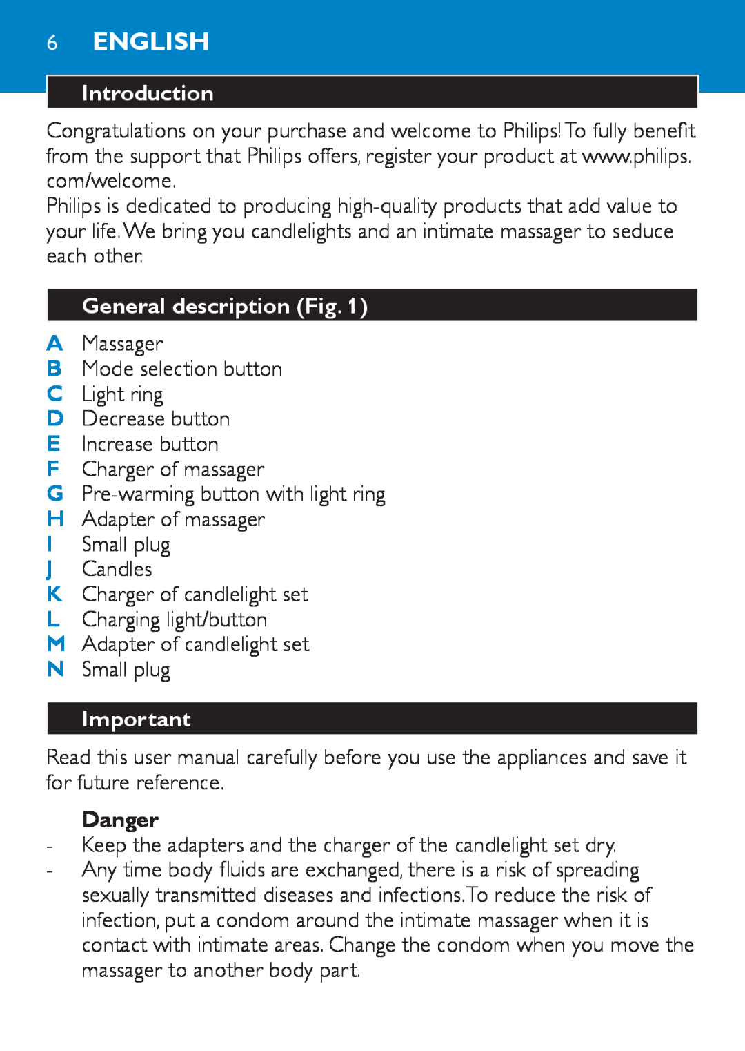 Philips HF8430 manual English, Introduction, General description Fig, Danger 