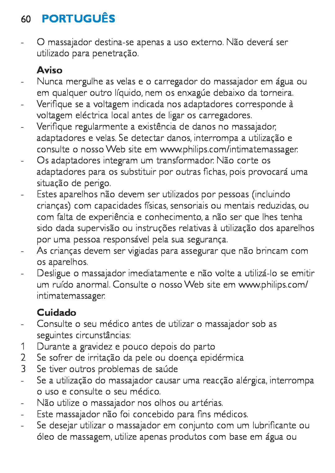 Philips HF8430 manual 60Português, Aviso, Cuidado 