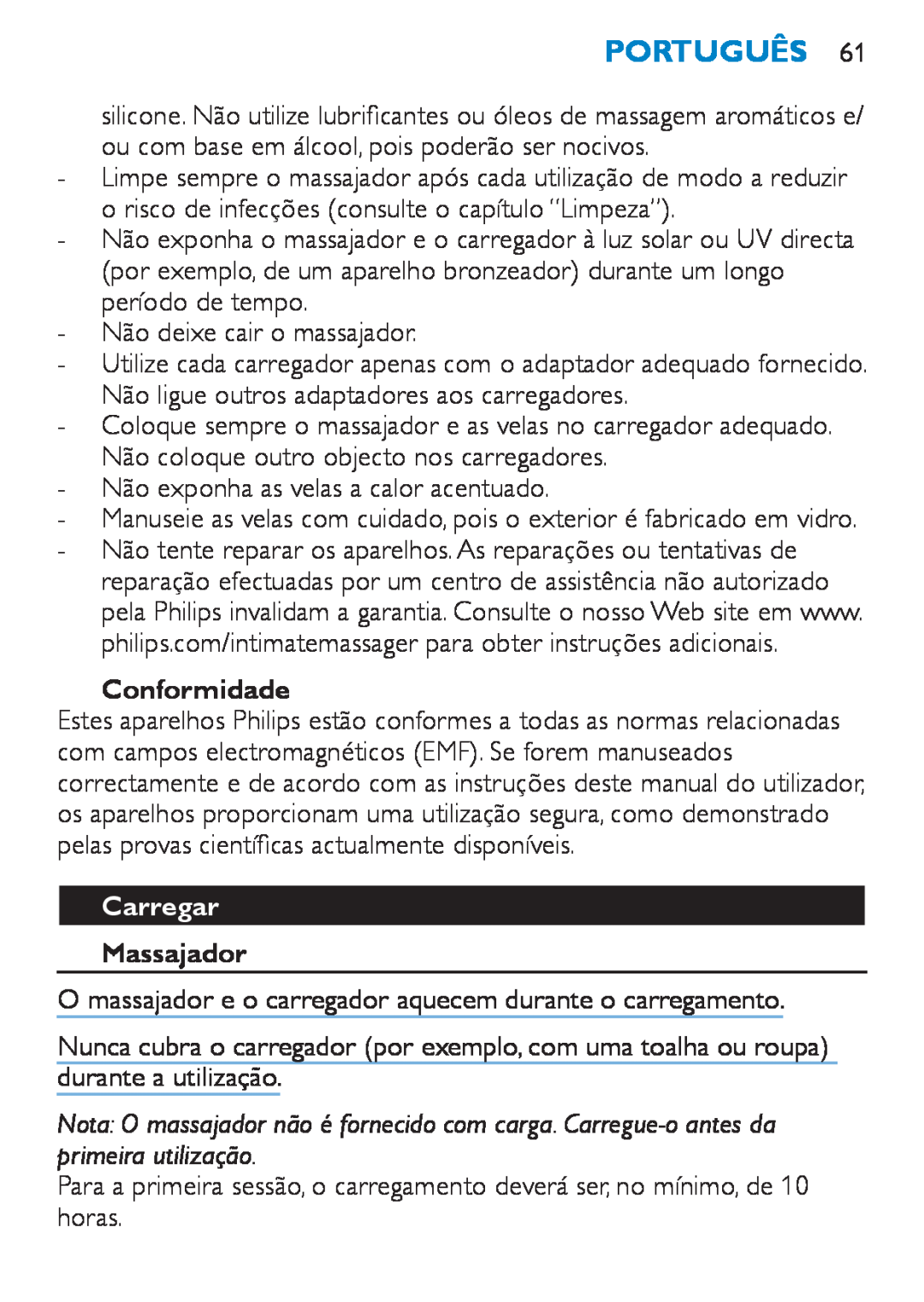 Philips HF8430 manual Português, Conformidade, Carregar, Massajador 