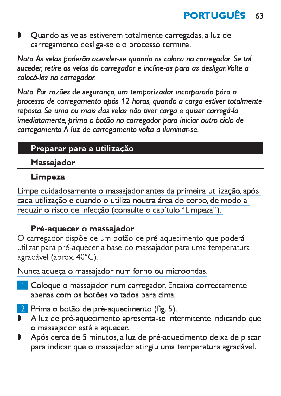 Philips HF8430 manual Preparar para a utilização, Massajador Limpeza, Pré-aquecero massajador, Português 