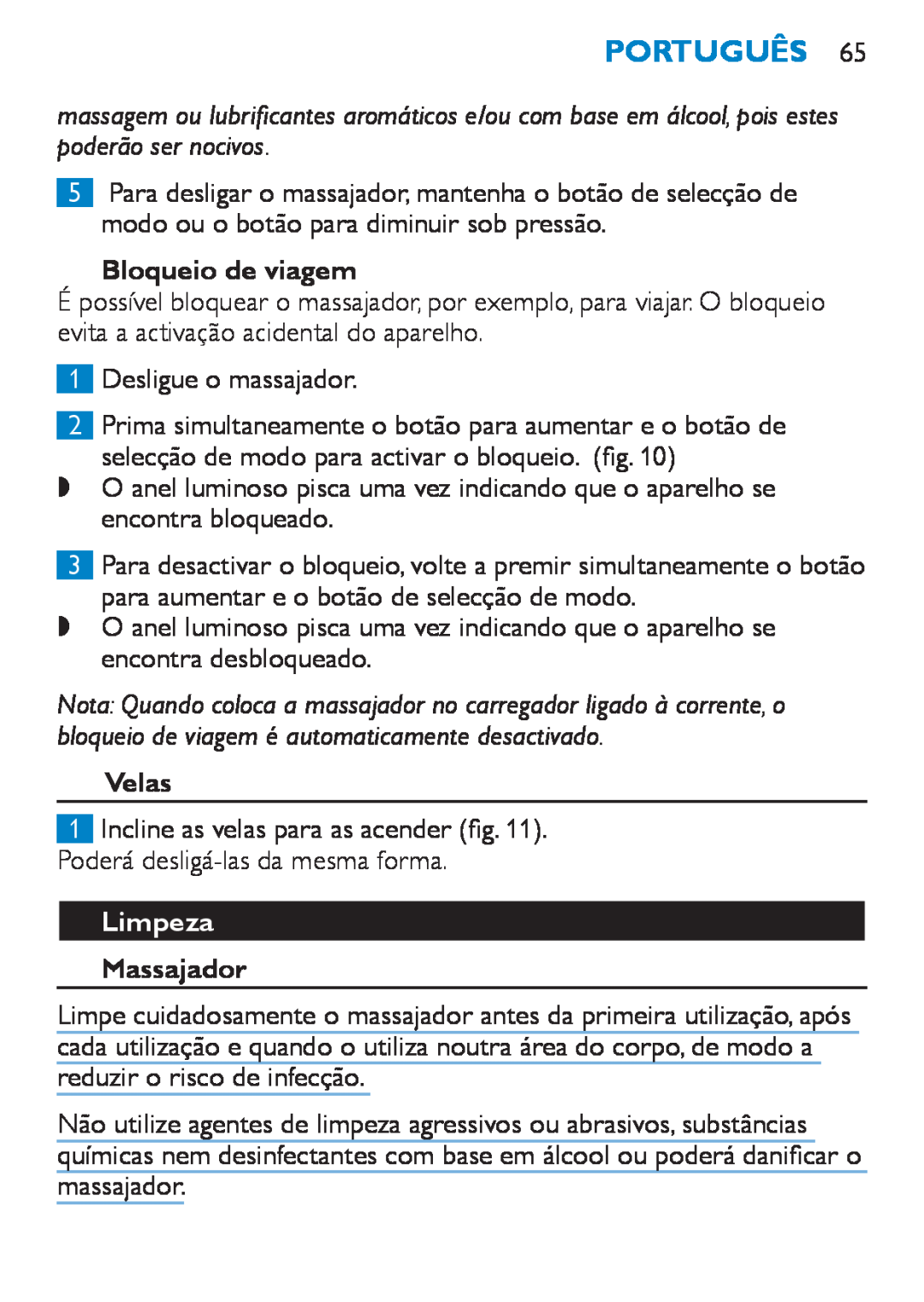 Philips HF8430 manual Bloqueio de viagem, Limpeza, Português, Velas, Massajador 