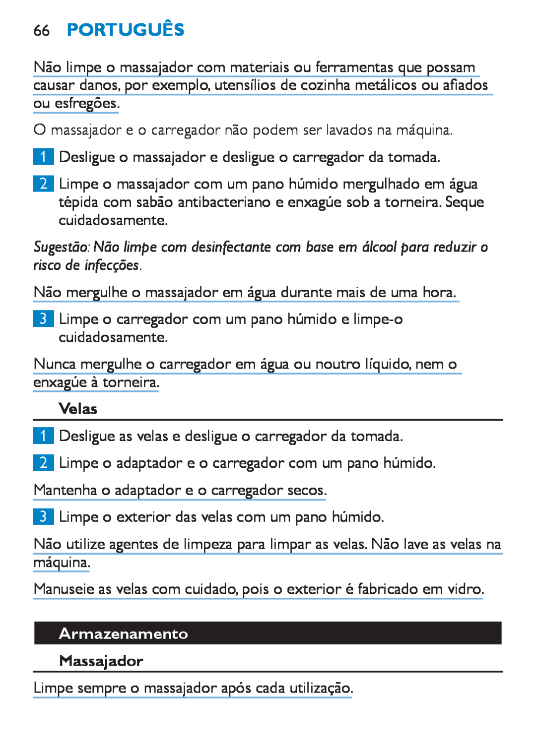 Philips HF8430 manual 66Português, Armazenamento, Velas, Massajador 
