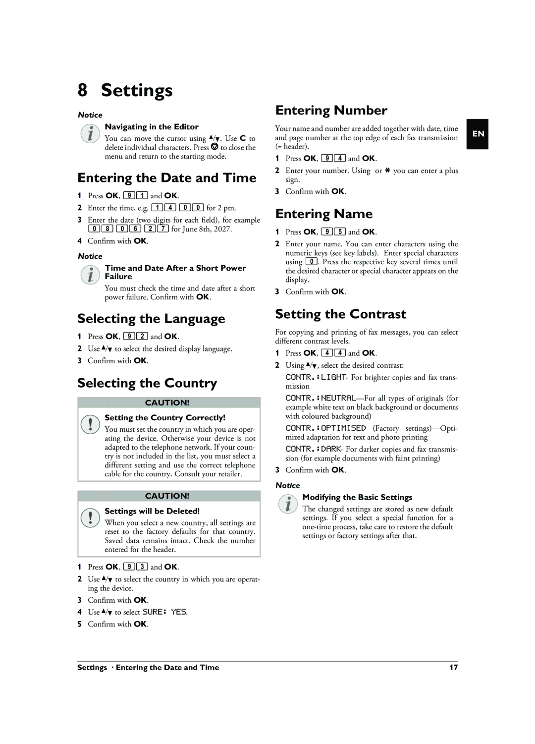 Philips HFC 325 user manual Settings 