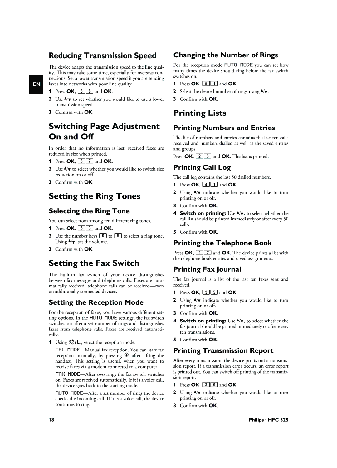Philips HFC 325 Reducing Transmission Speed, Switching Page Adjustment On and Off, Setting the Ring Tones, Printing Lists 