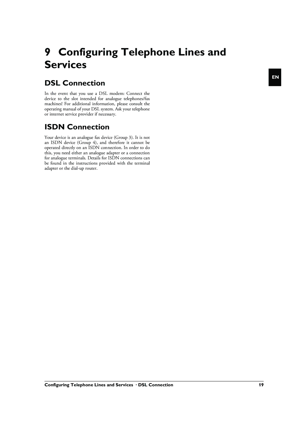 Philips HFC 325 user manual Configuring Telephone Lines and Services, DSL Connection, Isdn Connection 