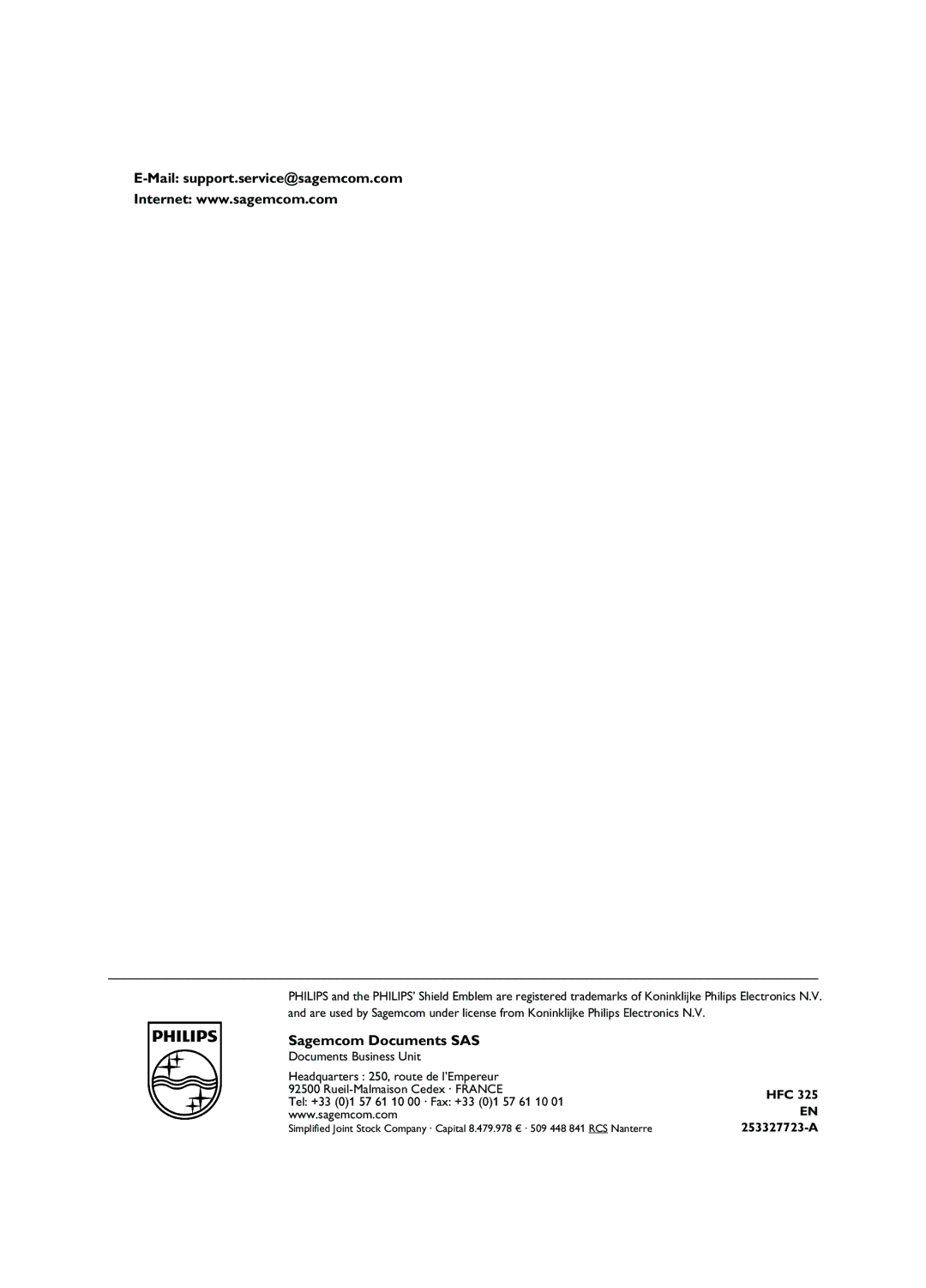 Philips HFC 325 user manual Sagemcom Documents SAS, Mail support.service@sagemcom.com 