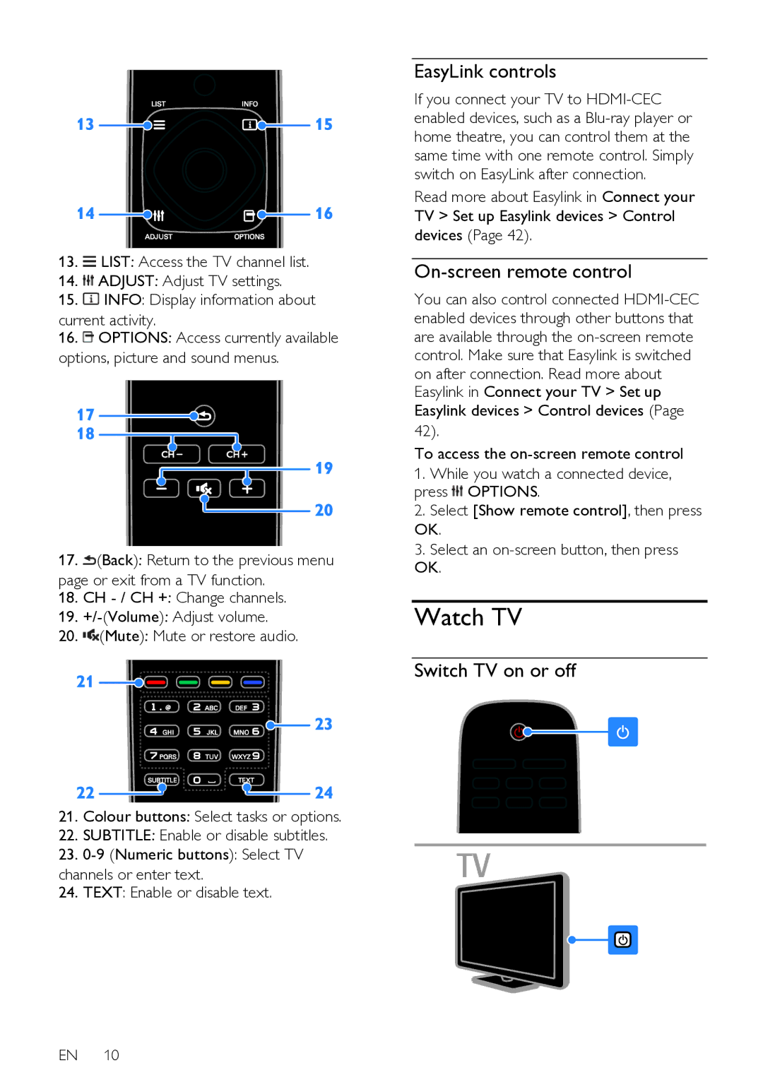 Philips HFL3008D, HFL3008W user manual Watch TV, EasyLink controls, On-screen remote control, Switch TV on or off 