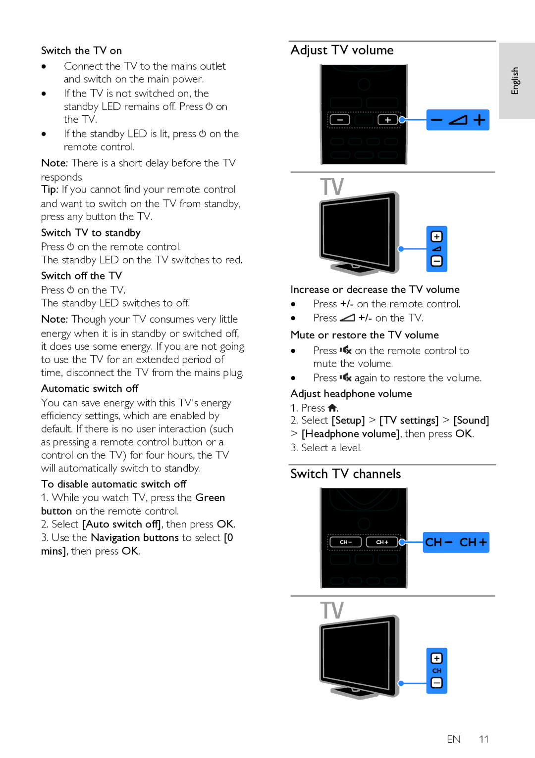 Philips HFL3008W, HFL3008D user manual Adjust TV volume, Switch TV channels, Switch the TV on 