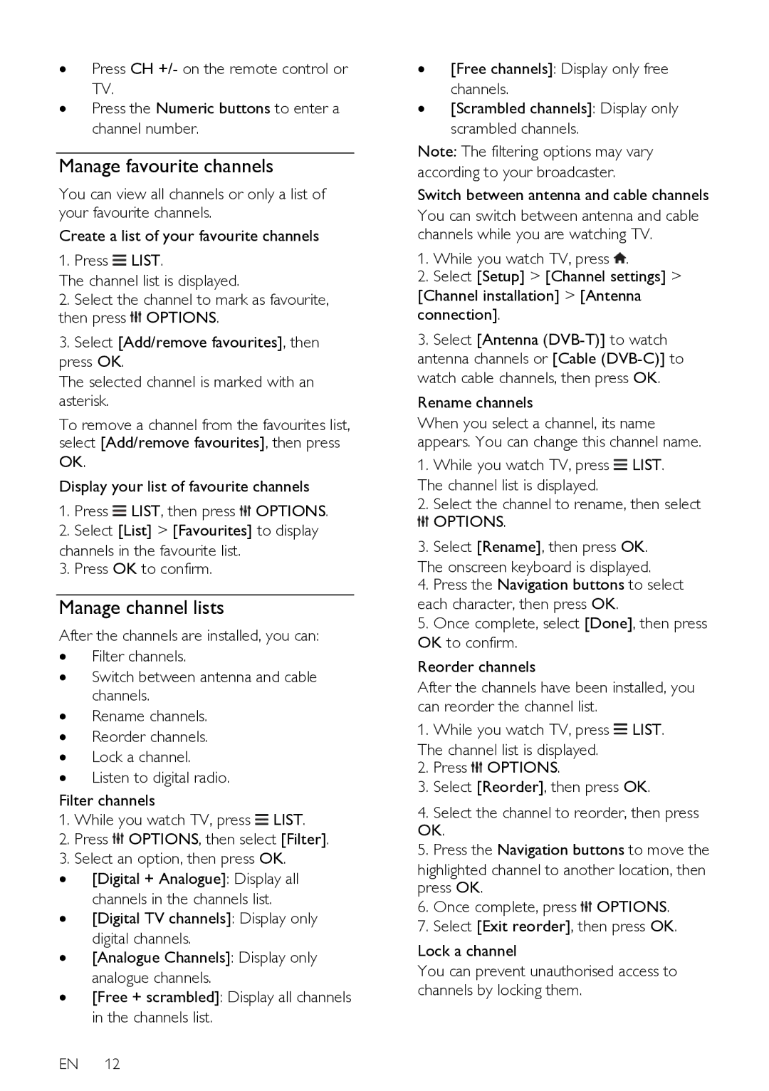 Philips HFL3008D, HFL3008W user manual Manage favourite channels, Manage channel lists, Rename channels 