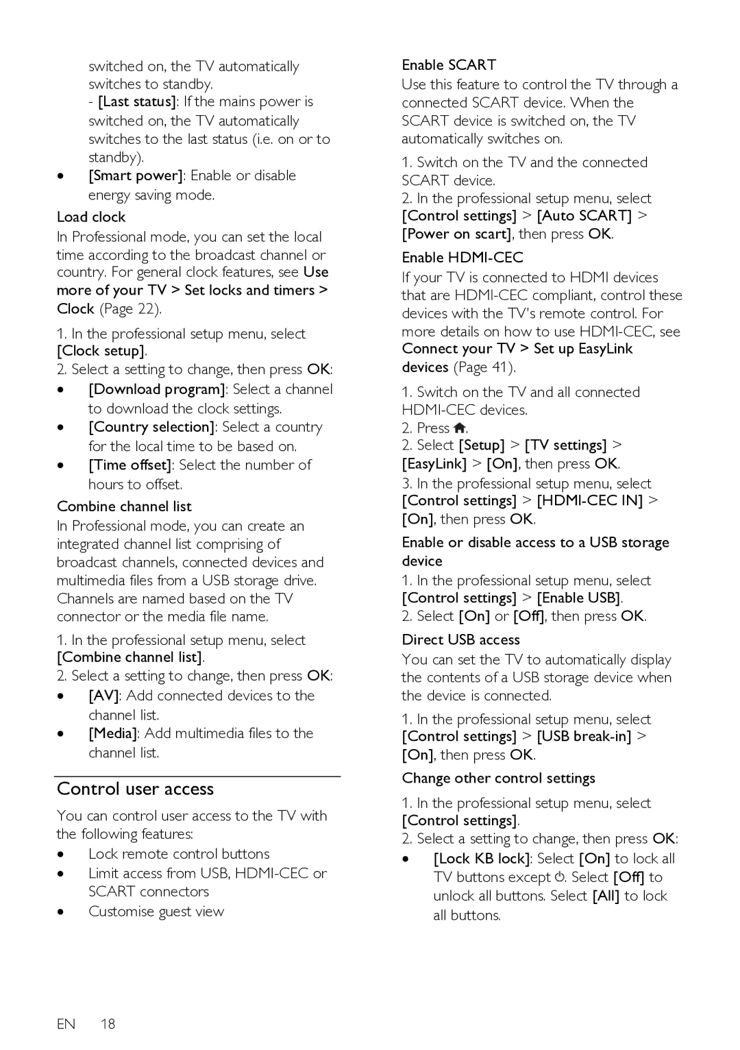 Philips HFL3008D, HFL3008W Control user access, Professional setup menu, select Combine channel list, Enable HDMI-CEC 