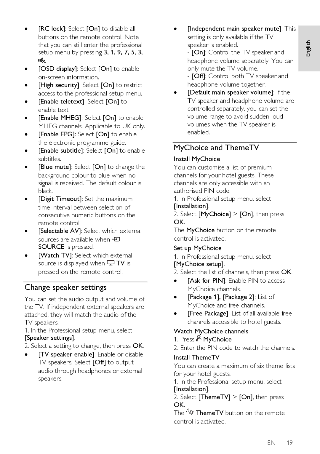 Philips HFL3008W, HFL3008D user manual Change speaker settings, MyChoice and ThemeTV 