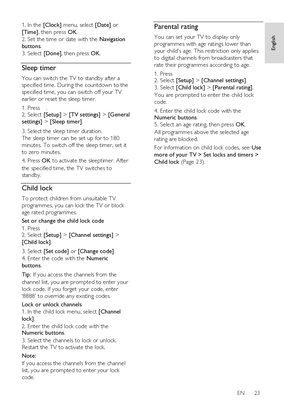 Philips HFL3008W, HFL3008D user manual Sleep timer, Child lock, Parental rating, You can set your TV to display only 