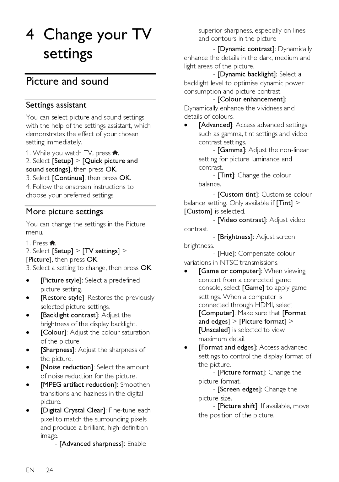 Philips HFL3008D, HFL3008W user manual Change your TV settings, Picture and sound, Settings assistant, More picture settings 