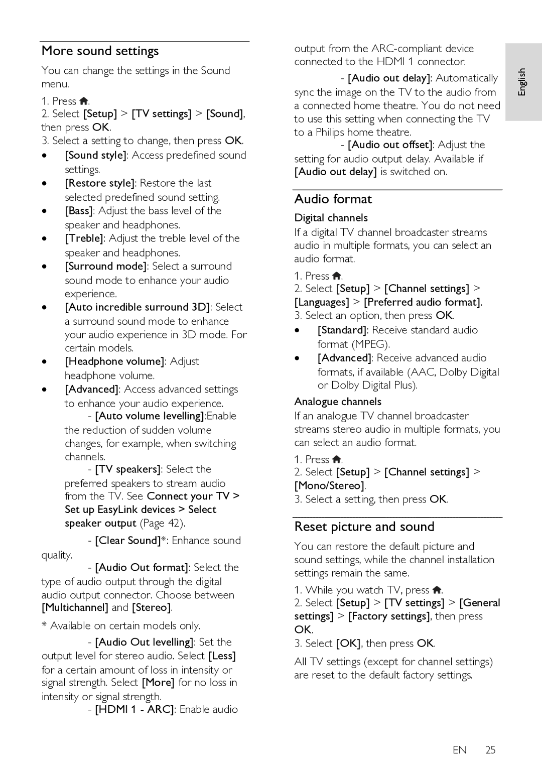 Philips HFL3008W, HFL3008D user manual More sound settings, Audio format, Reset picture and sound 