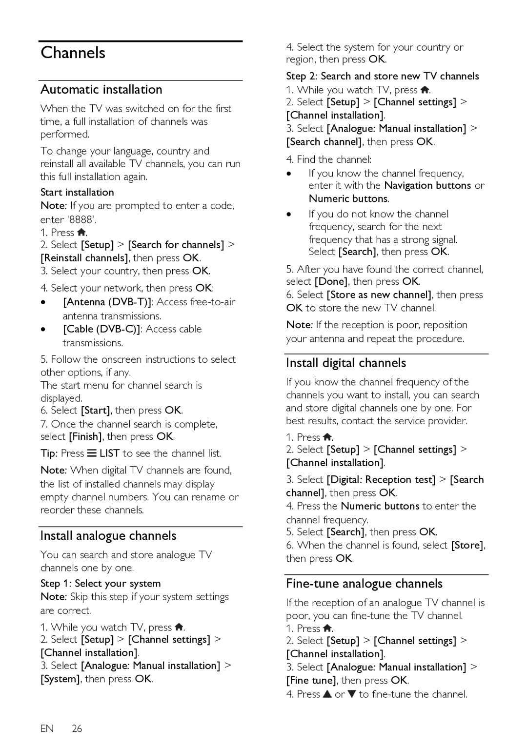 Philips HFL3008D, HFL3008W user manual Channels, Automatic installation, Install analogue channels, Install digital channels 