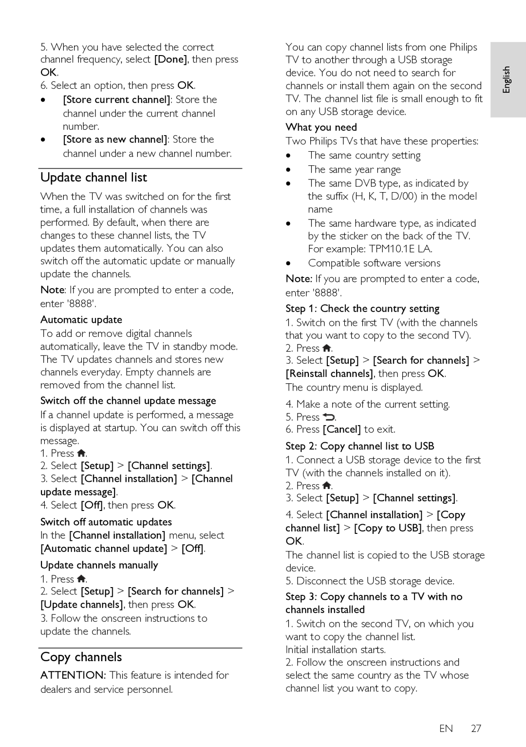 Philips HFL3008W, HFL3008D user manual Update channel list, Copy channels 