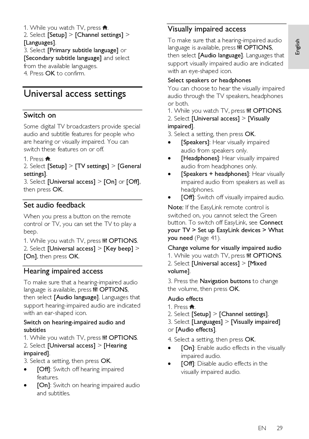 Philips HFL3008W, HFL3008D user manual Universal access settings, Switch on, Set audio feedback, Hearing impaired access 