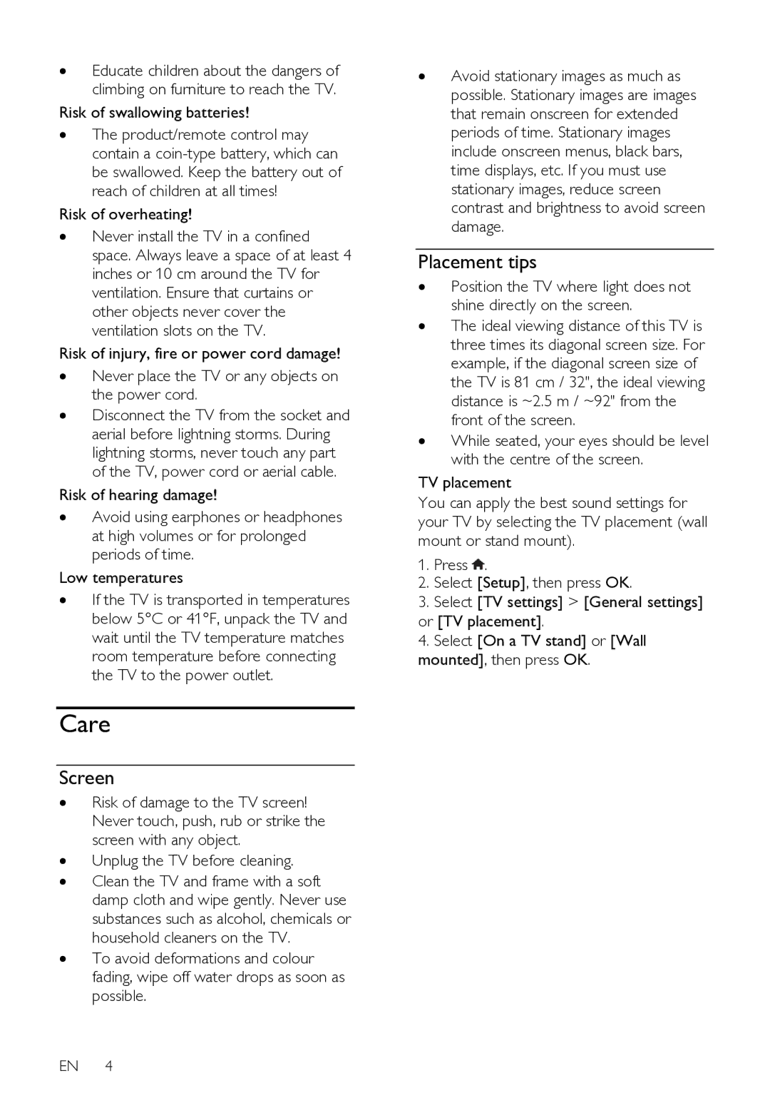 Philips HFL3008D, HFL3008W user manual Care, Screen, Placement tips 