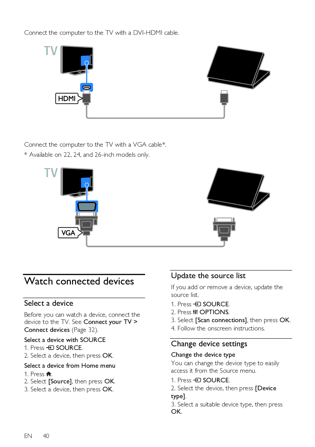 Philips HFL3008D, HFL3008W Watch connected devices, Select a device, Update the source list, Change device settings 