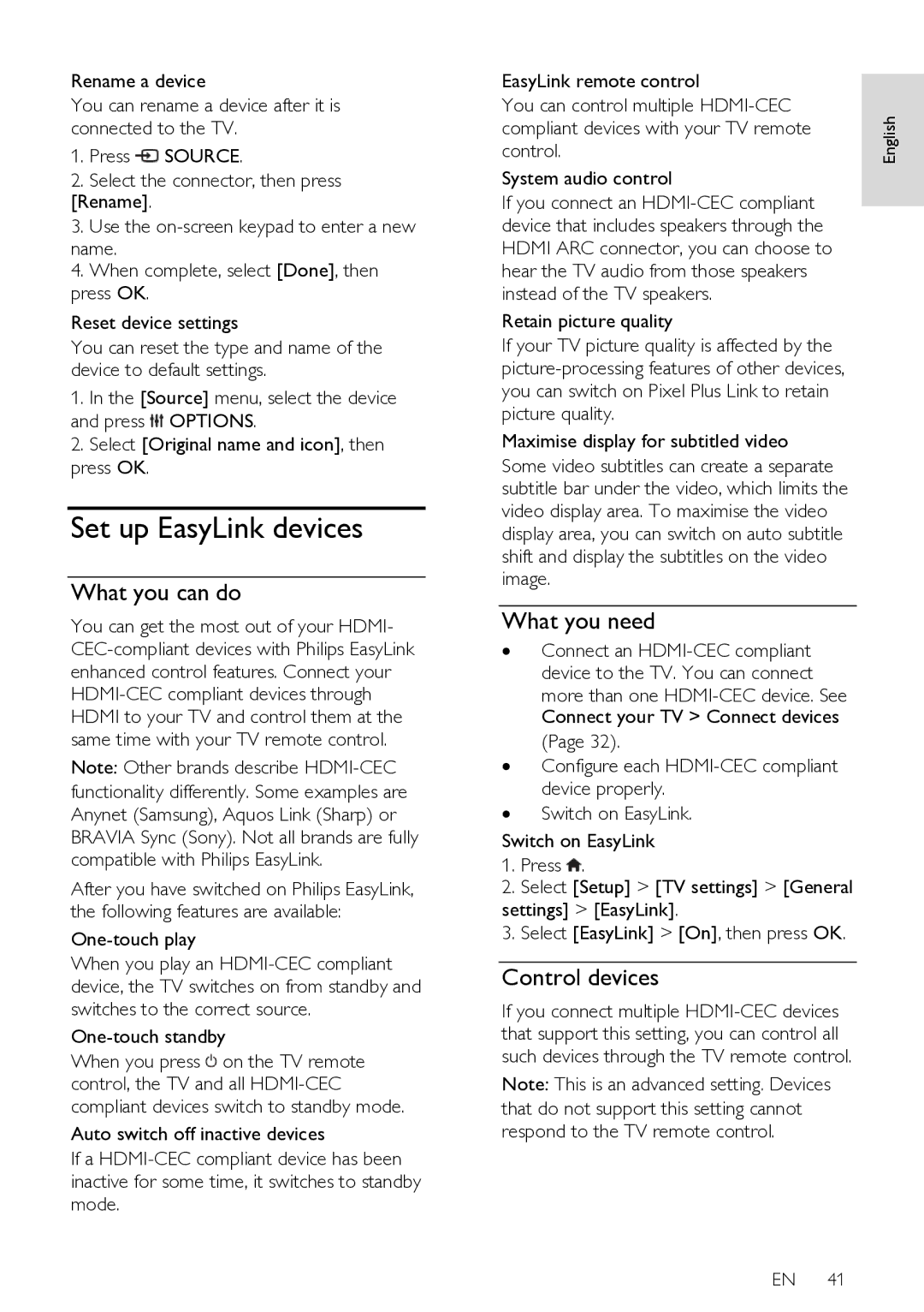 Philips HFL3008W, HFL3008D user manual Set up EasyLink devices, Control devices 