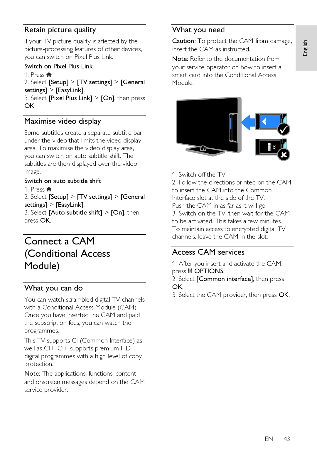 Philips HFL3008W, HFL3008D Connect a CAM Conditional Access Module, Retain picture quality, Maximise video display 