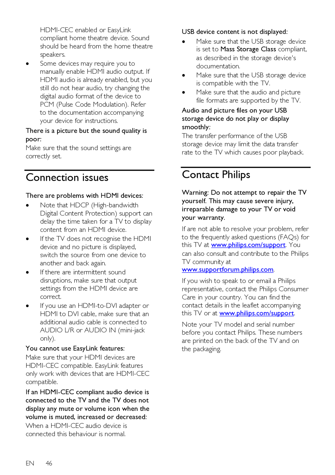 Philips HFL3008D, HFL3008W user manual Connection issues, Contact Philips, There are problems with Hdmi devices 