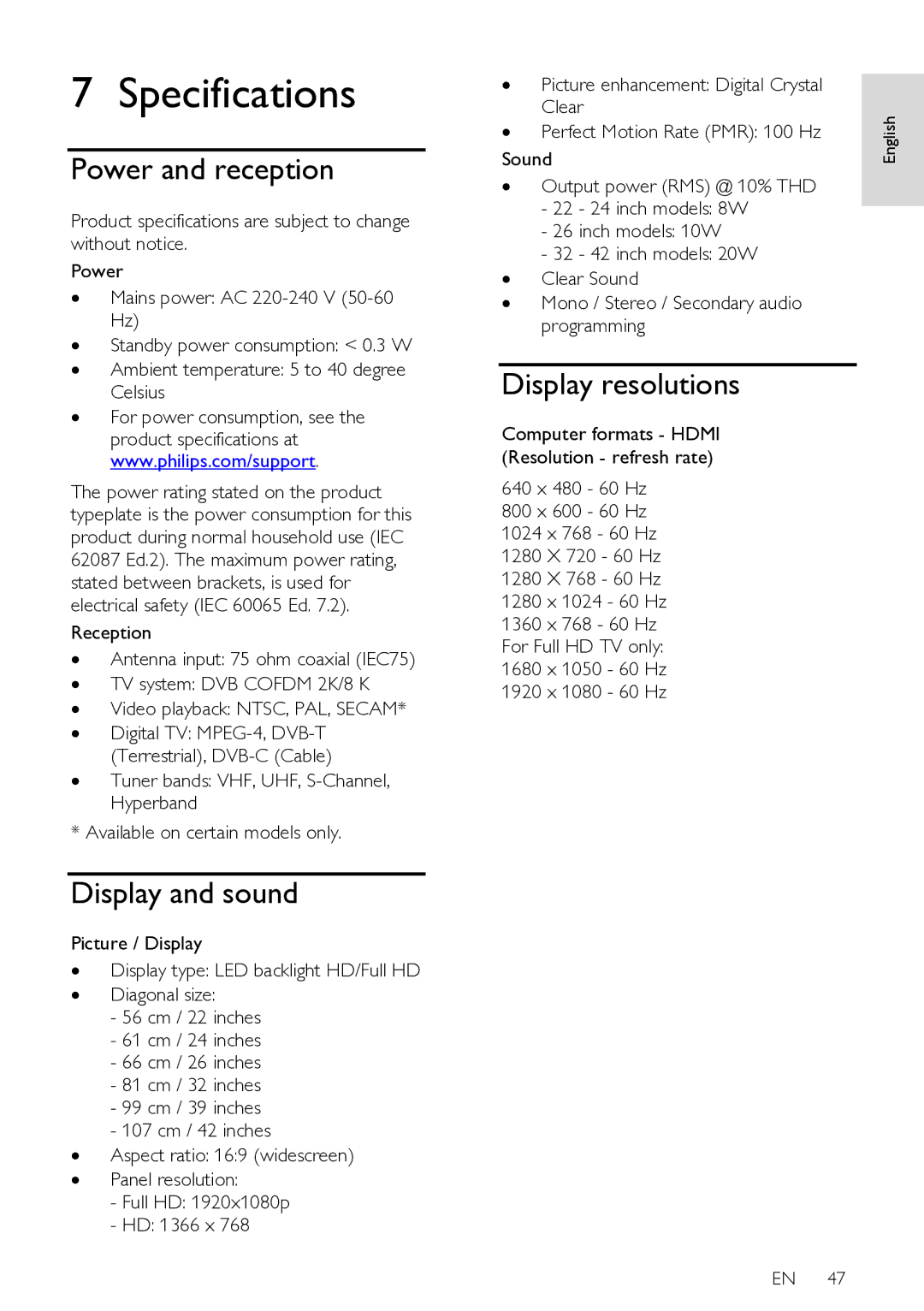 Philips HFL3008W, HFL3008D user manual Specifications, Power and reception, Display and sound, Display resolutions 