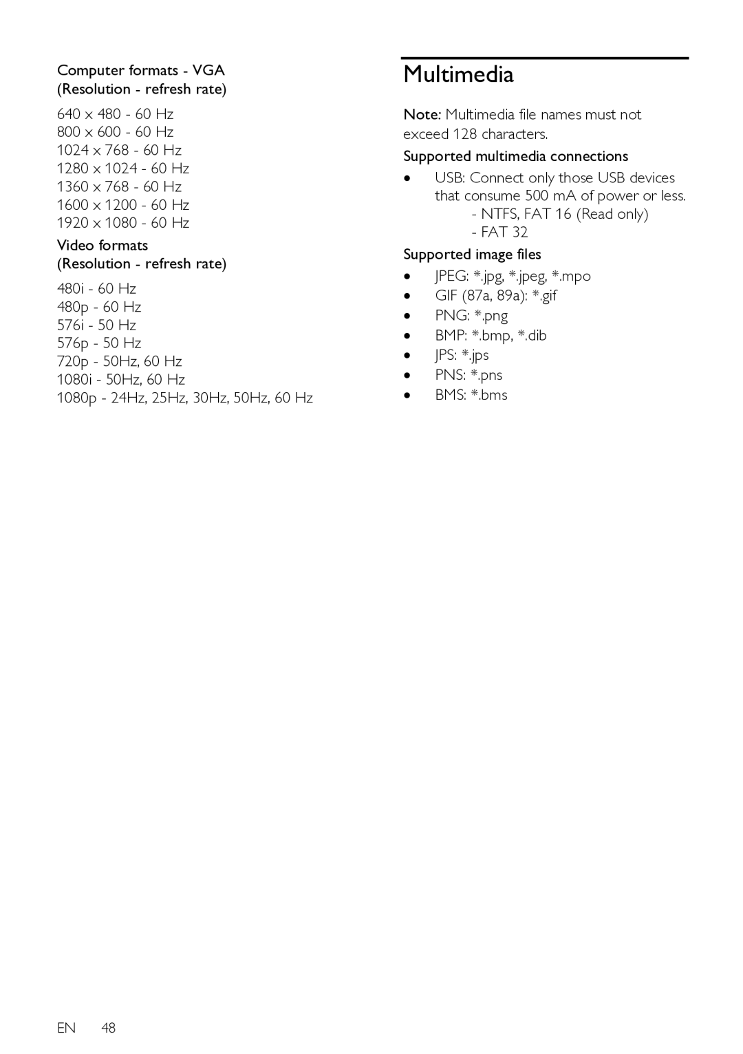 Philips HFL3008D, HFL3008W user manual Multimedia, 1360 x 768 60 Hz 