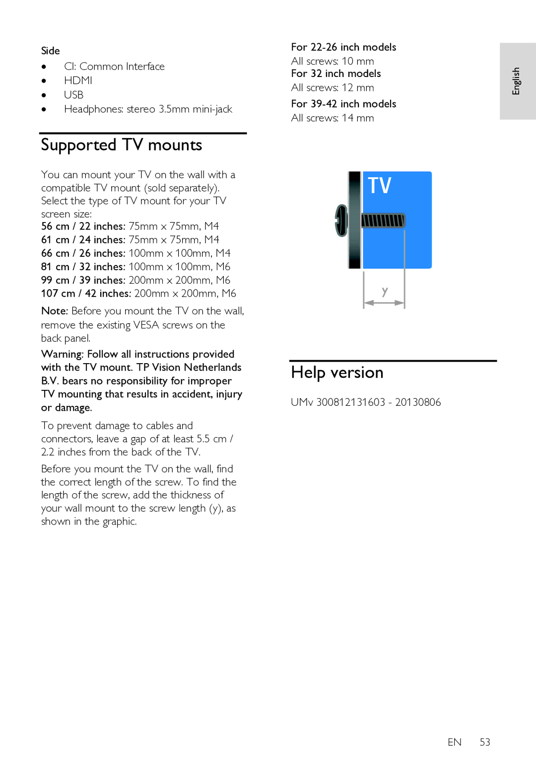 Philips HFL3008W, HFL3008D user manual Supported TV mounts, Help version 