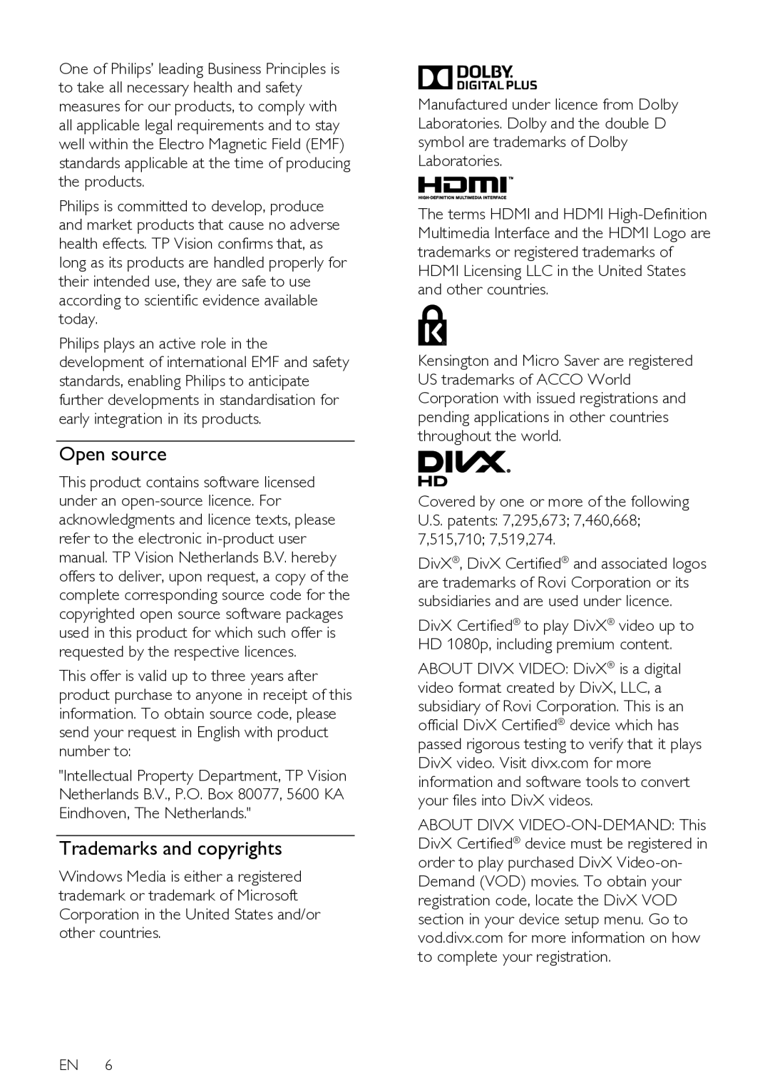 Philips HFL3008D, HFL3008W user manual Open source, Trademarks and copyrights 