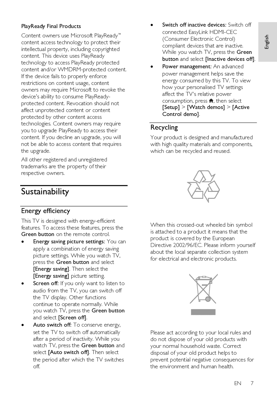 Philips HFL3008W, HFL3008D user manual Sustainability, Energy efficiency, Recycling, PlayReady Final Products 