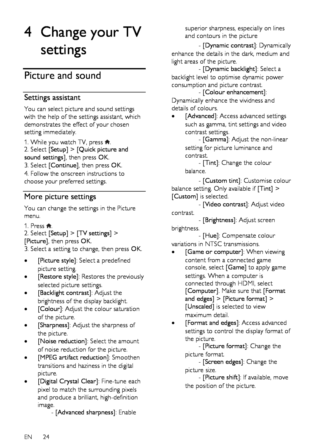 Philips HFL3008D, HFL3008W user manual Change your TV settings, Picture and sound, Settings assistant, More picture settings 