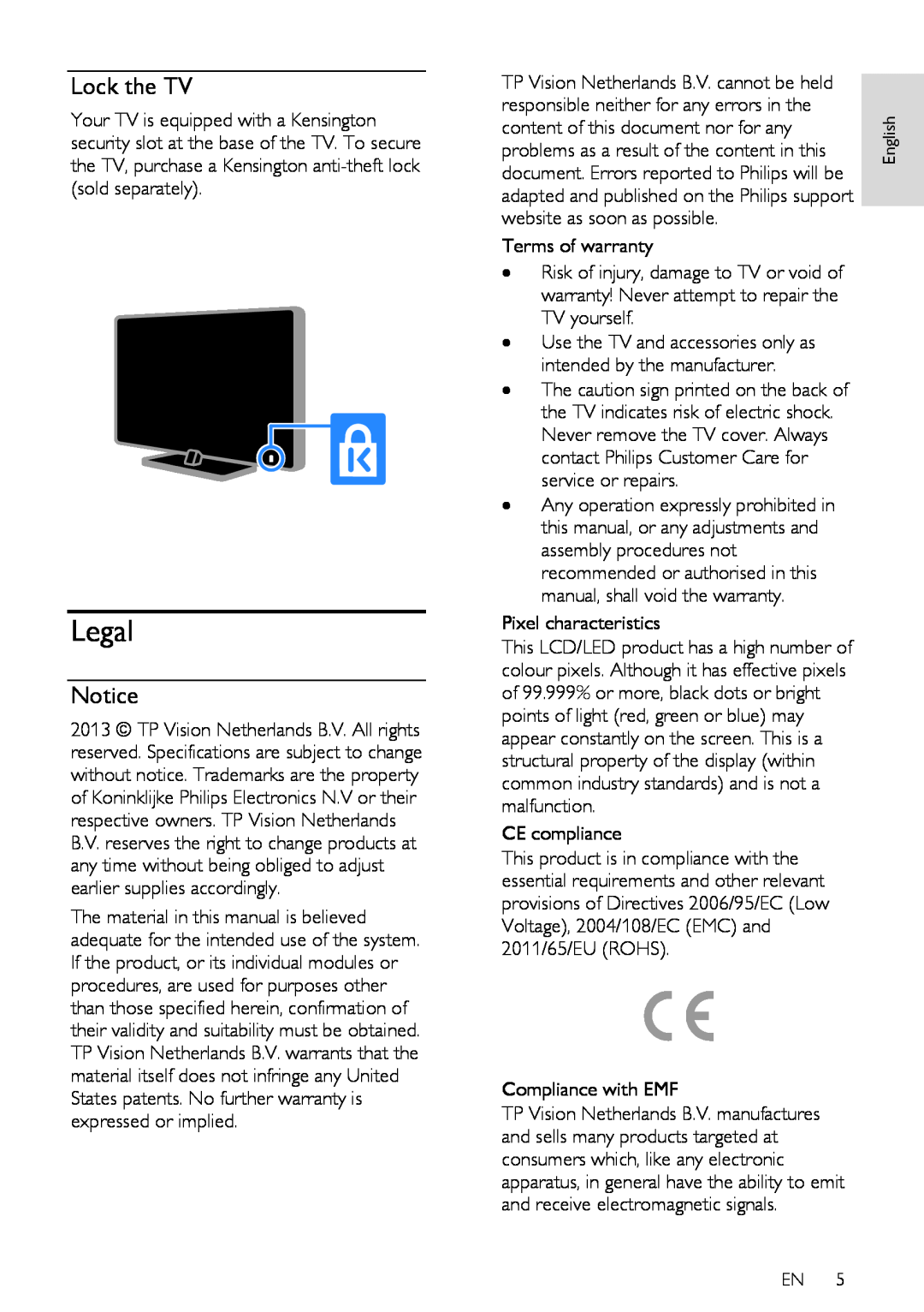 Philips HFL3008W, HFL3008D user manual Legal, Lock the TV 
