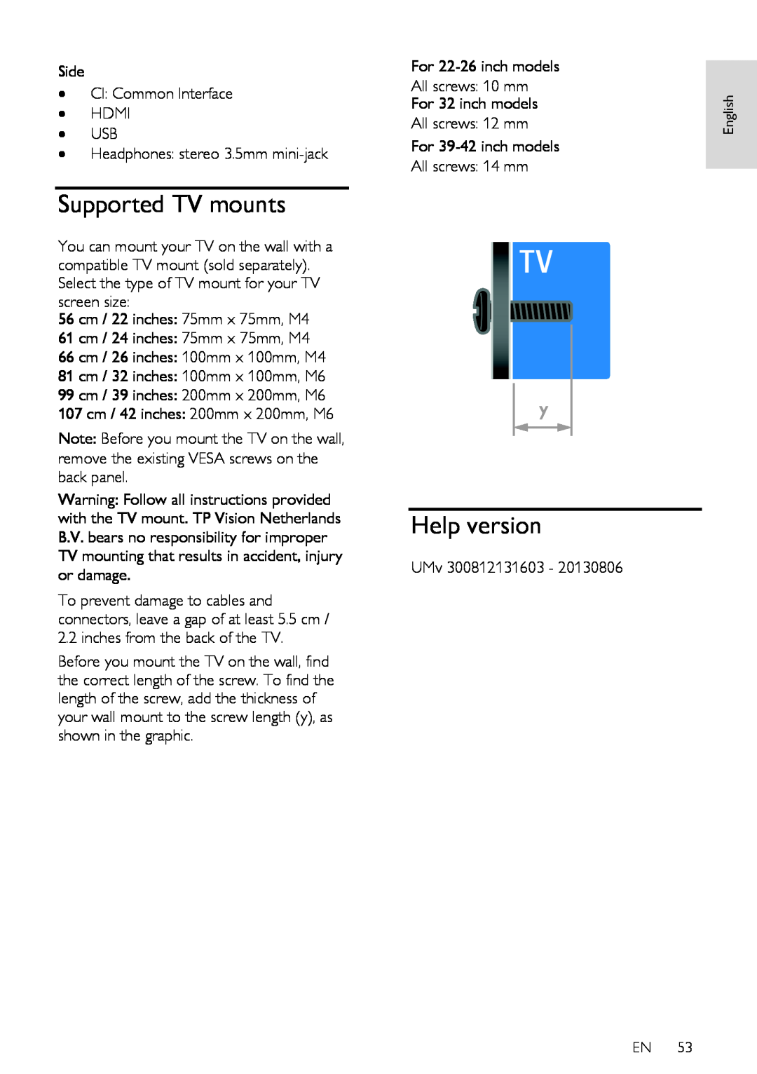 Philips HFL3008W, HFL3008D user manual Supported TV mounts, Help version 