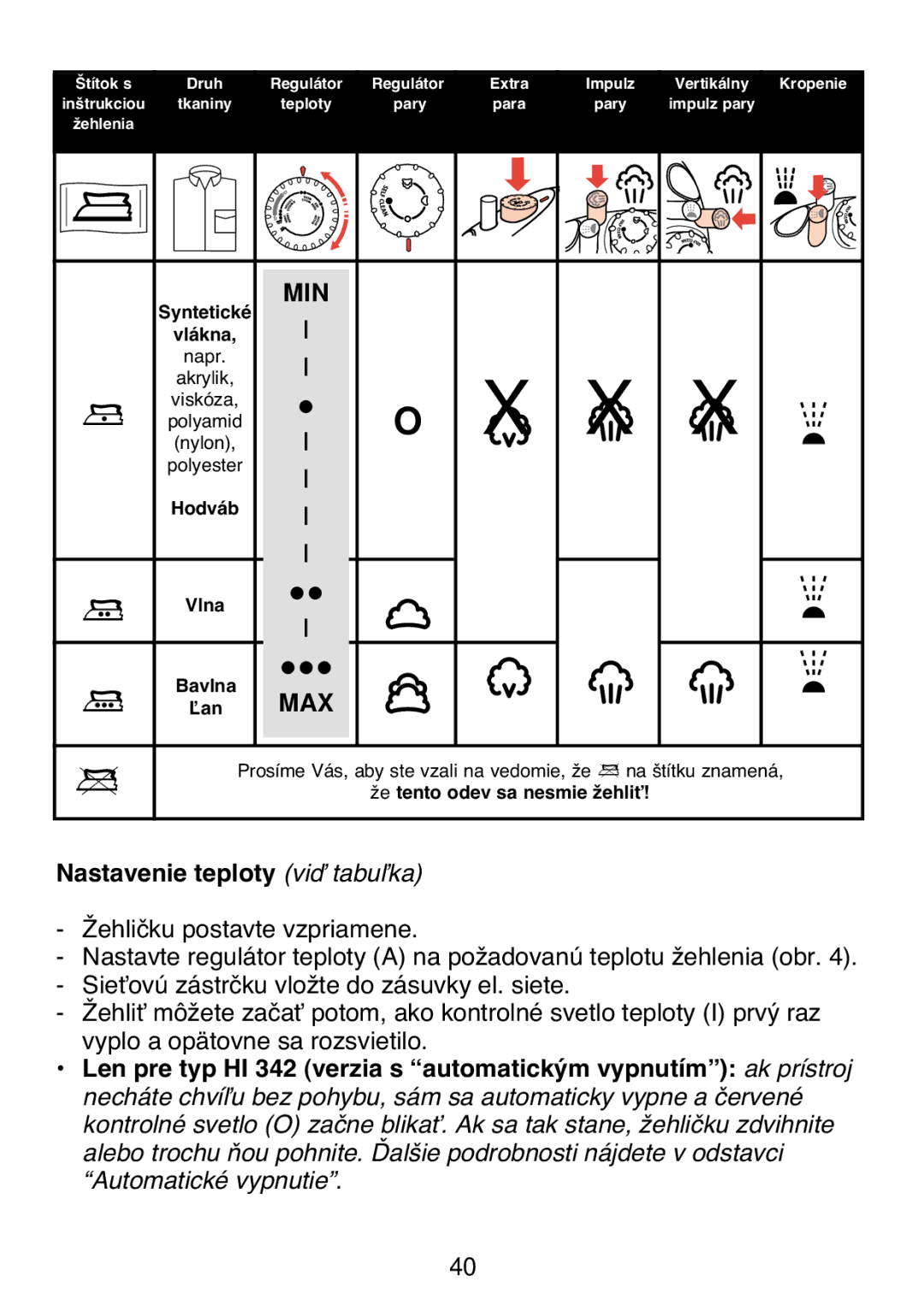 Philips HI 32, HI 42, HI 22, HI 312 manual Nastavenie teploty viì tabuºka 